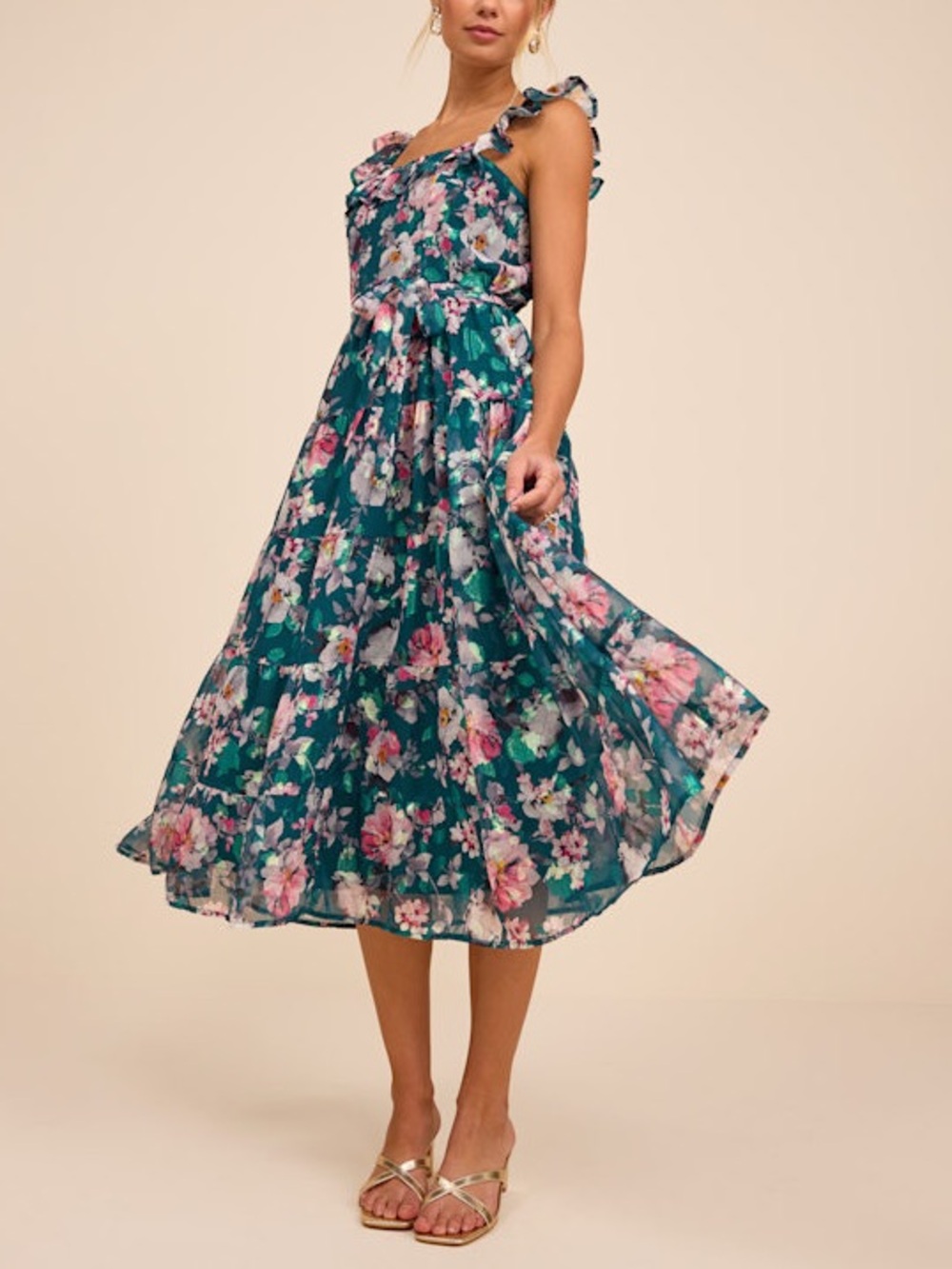 Lulus Teal Floral Jacquard Tiered Midi Dress Size XL NWT